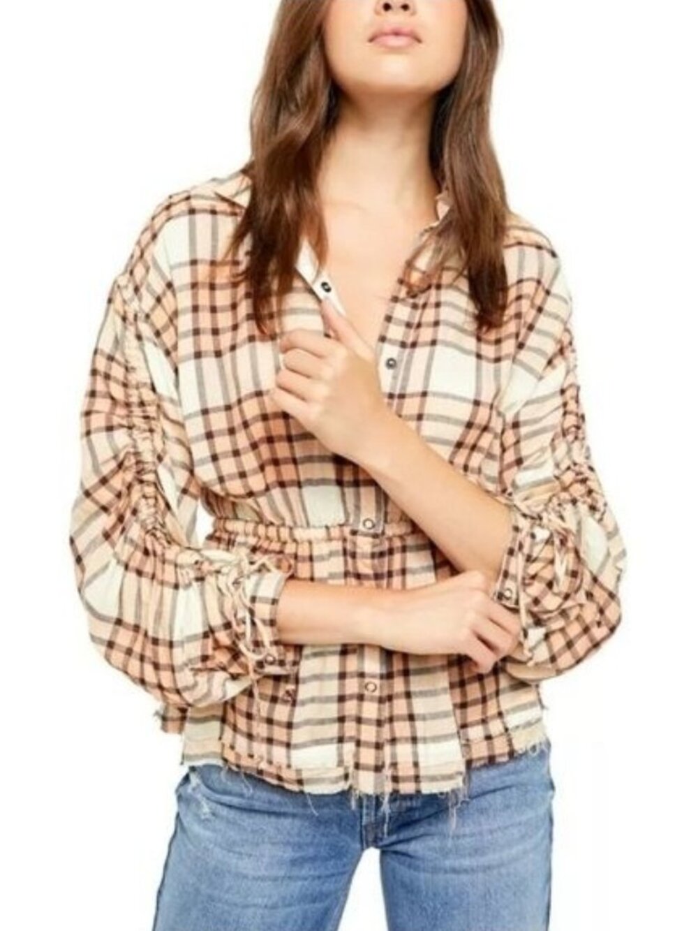 Free People Plaid Shirt Womens Size Medium Ruche Long Sleeve Button Down Blouse